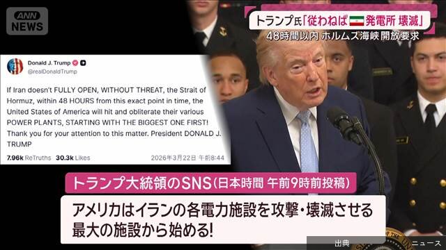 [速報] トランプ大統領、イランに48時間のタイムリミット