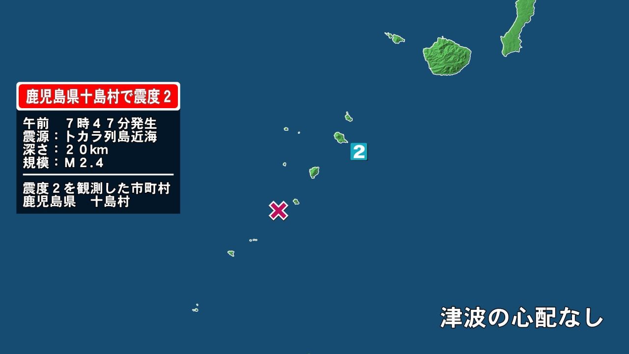 【速報】鹿児島県で最大震度2の地震　トカラ列島近海震源M2.4　十島村で観測　津波の心配なし
