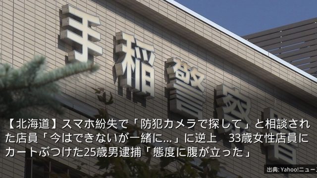 【北海道】スマホ紛失で「防犯カメラで探して」と相談された店員「今はできないが一緒に…」に逆上　33歳女性店員にカートぶつけた25歳男逮捕「態度に腹が立った」