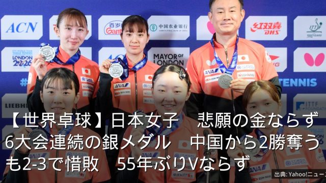 【世界卓球】日本女子　悲願の金ならず6大会連続の銀メダル　中国から2勝奪うも2-3で惜敗　55年ぶりVならず