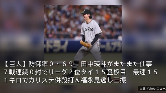 【巨人】防御率０・６９　田中瑛斗がまたまた仕事　７戦連続０封でリーグ２位タイ１５登板目　最速１５１キロでカリステ併殺打＆福永見逃し三振