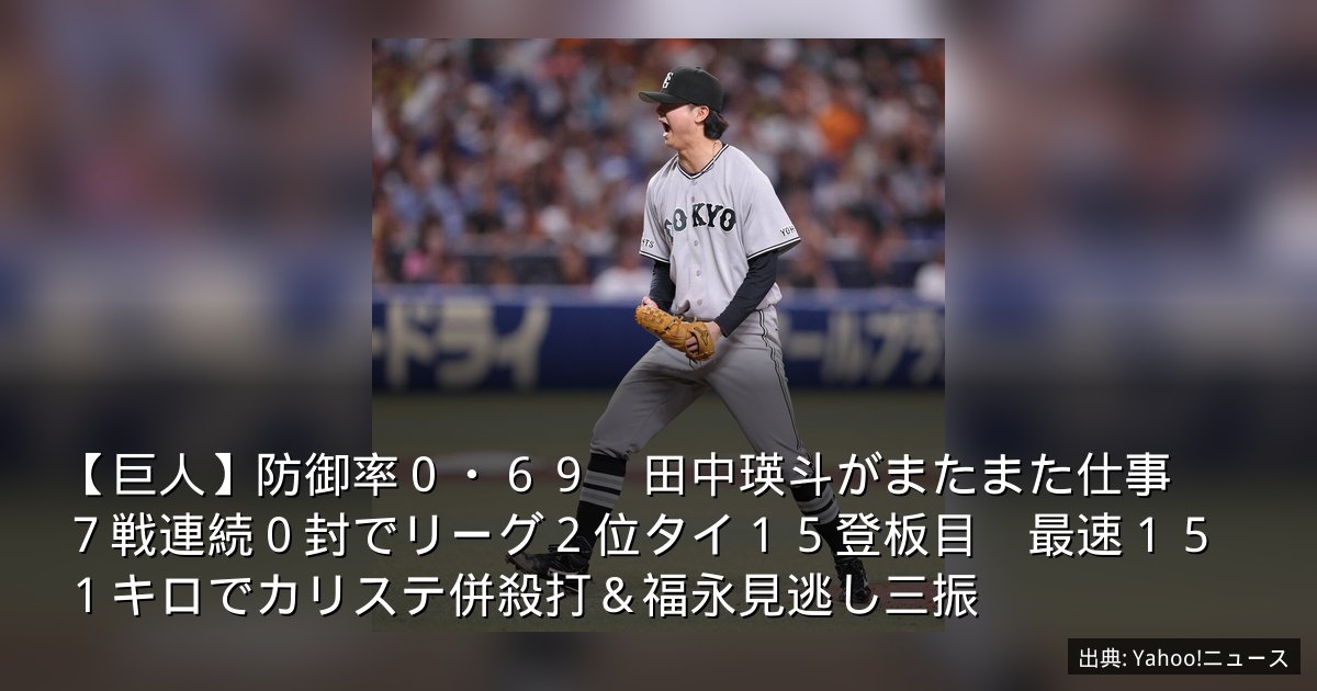 【巨人】防御率０・６９　田中瑛斗がまたまた仕事　７戦連続０封でリーグ２位タイ１５登板目　最速１５１キロでカリステ併殺打＆福永見逃し三振