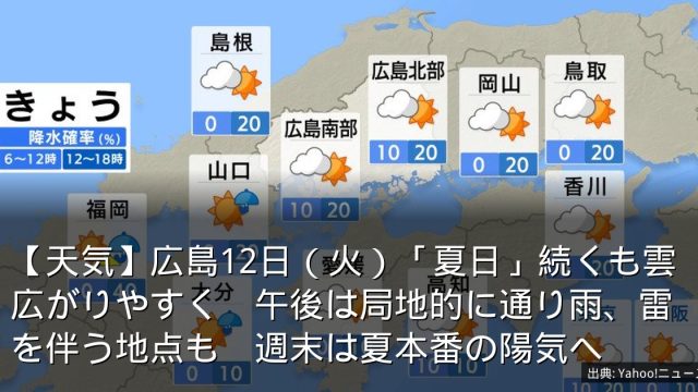 【天気】広島12日（火）「夏日」続くも雲広がりやすく　午後は局地的に通り雨、雷を伴う地点も　週末は夏本番の陽気へ