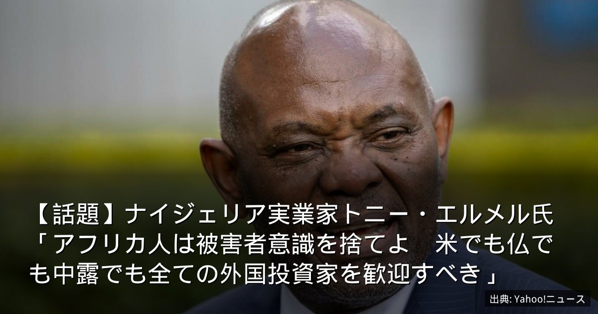 【話題】ナイジェリア実業家トニー・エルメル氏「アフリカ人は被害者意識を捨てよ　米でも仏でも中露でも全ての外国投資家を歓迎すべき」
