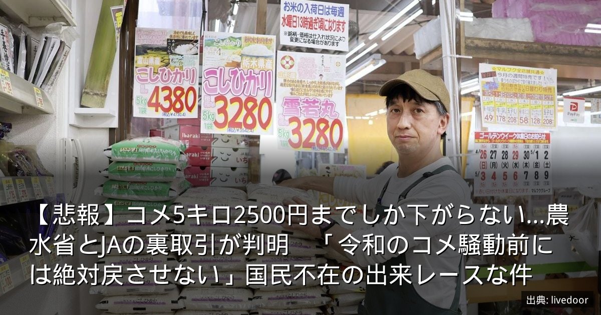 【悲報】コメ5キロ2500円までしか下がらない…農水省とJAの裏取引が判明　「令和のコメ騒動前には絶対戻させない」国民不在の出来レースな件