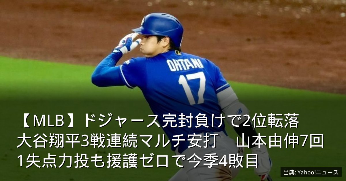 【MLB】ドジャース完封負けで2位転落　大谷翔平3戦連続マルチ安打　山本由伸7回1失点力投も援護ゼロで今季4敗目