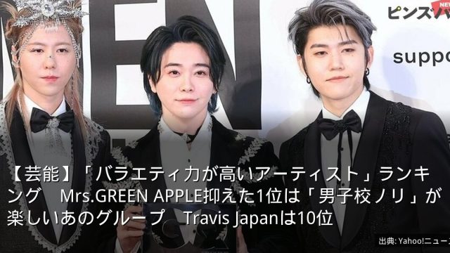 【芸能】「バラエティ力が高いアーティスト」ランキング　Mrs.GREEN APPLE抑えた1位は「男子校ノリ」が楽しいあのグループ　Travis Japanは10位