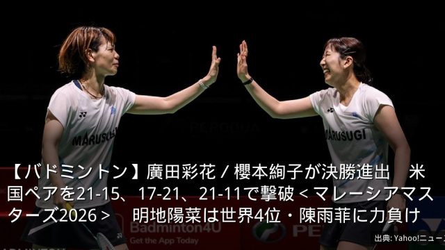 【バドミントン】廣田彩花／櫻本絢子が決勝進出　米国ペアを21-15、17-21、21-11で撃破＜マレーシアマスターズ2026＞　明地陽菜は世界4位・陳雨菲に力負け