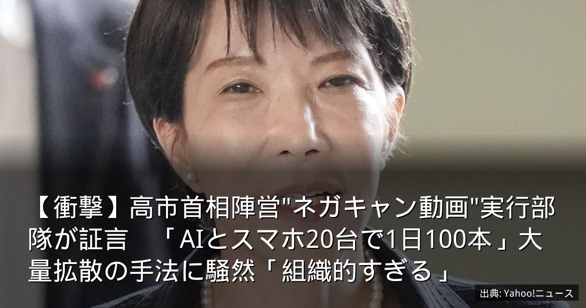 【衝撃】高市首相陣営"ネガキャン動画"実行部隊が証言　「AIとスマホ20台で1日100本」大量拡散の手法に騒然「組織的すぎる」