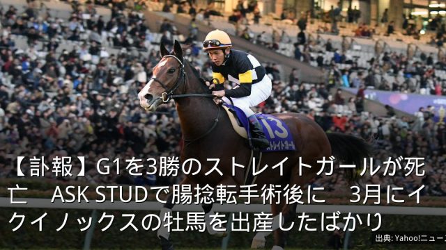 【訃報】G1を3勝のストレイトガールが死亡　ASK STUDで腸捻転手術後に　3月にイクイノックスの牡馬を出産したばかり