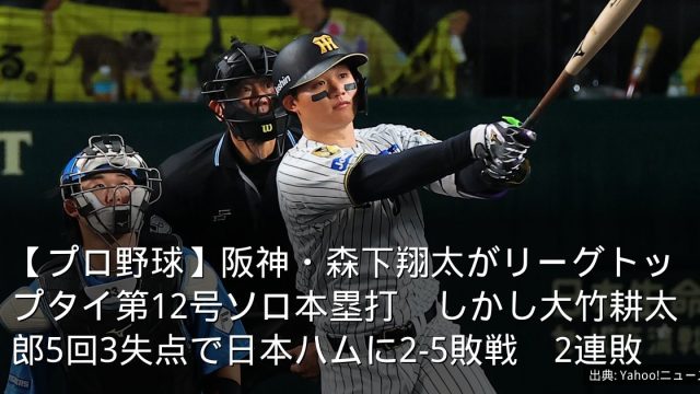 【プロ野球】阪神・森下翔太がリーグトップタイ第12号ソロ本塁打　しかし大竹耕太郎5回3失点で日本ハムに2-5敗戦　2連敗