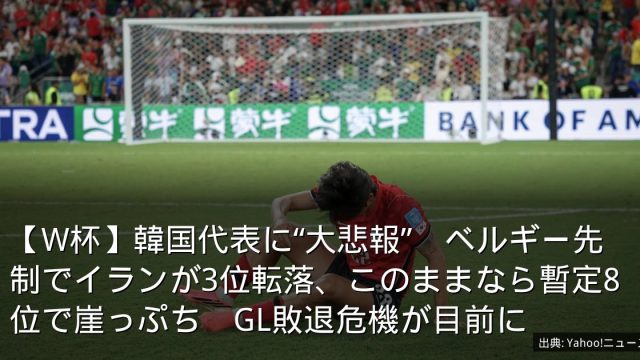 【W杯】韓国代表に“大悲報”　ベルギー先制でイランが3位転落、このままなら暫定8位で崖っぷち　GL敗退危機が目前に