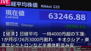 【経済】日経平均　一時4000円超の下落　1か月ぶり6万3000円割れ　キオクシア・東京エレクトロンなど半導体軒並み安