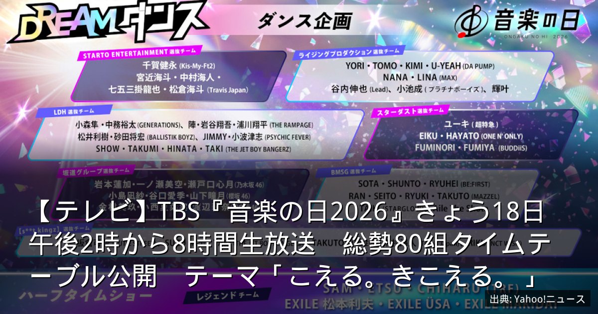 【テレビ】TBS『音楽の日2026』きょう18日午後2時から8時間生放送　総勢80組タイムテーブル公開　テーマ「こえる。きこえる。」