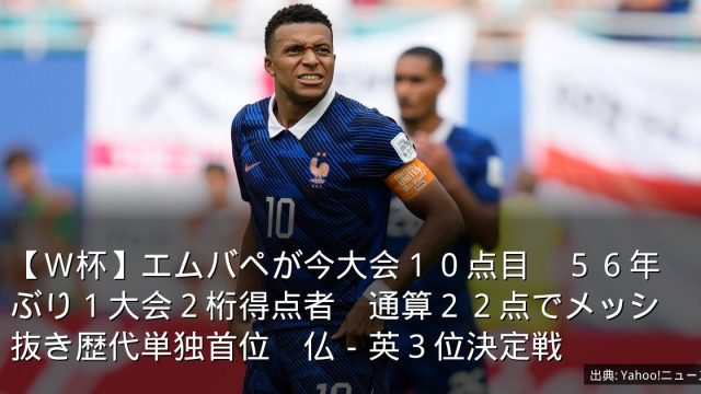 【Ｗ杯】エムバペが今大会１０点目　５６年ぶり１大会２桁得点者　通算２２点でメッシ抜き歴代単独首位　仏－英３位決定戦