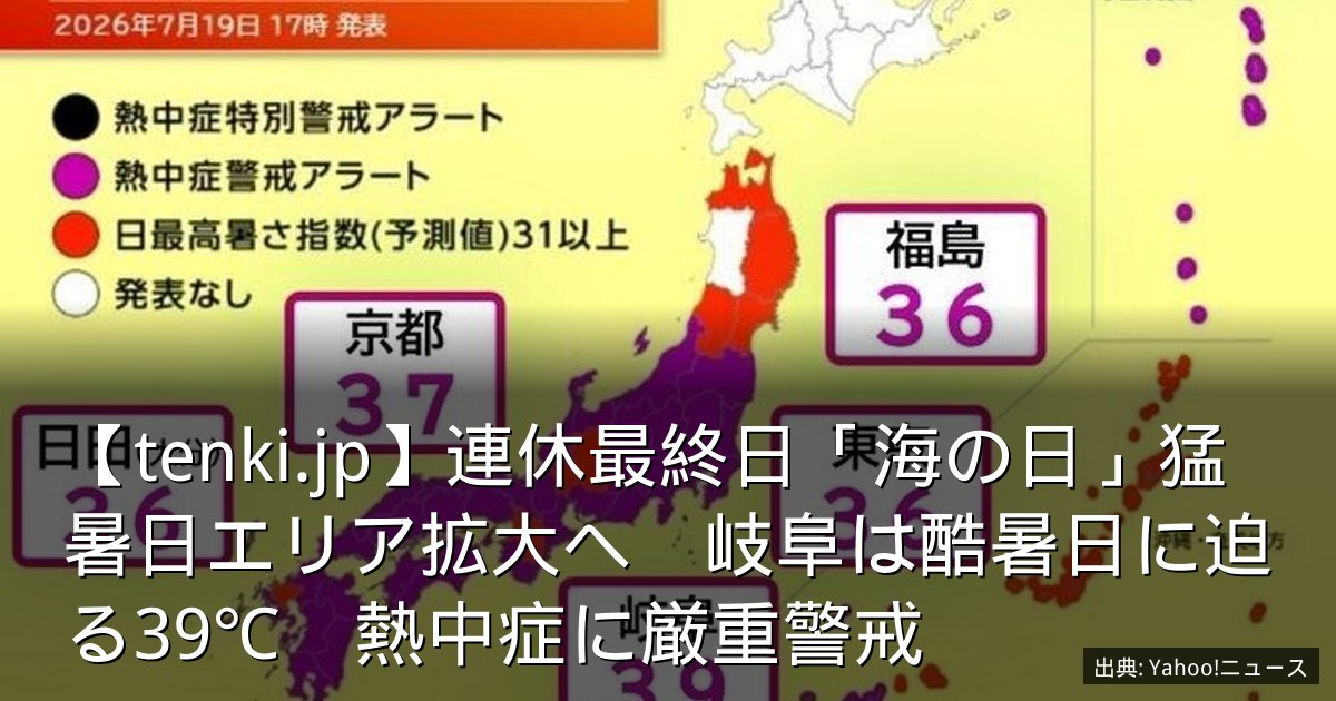 【tenki.jp】連休最終日「海の日」猛暑日エリア拡大へ　岐阜は酷暑日に迫る39℃　熱中症に厳重警戒