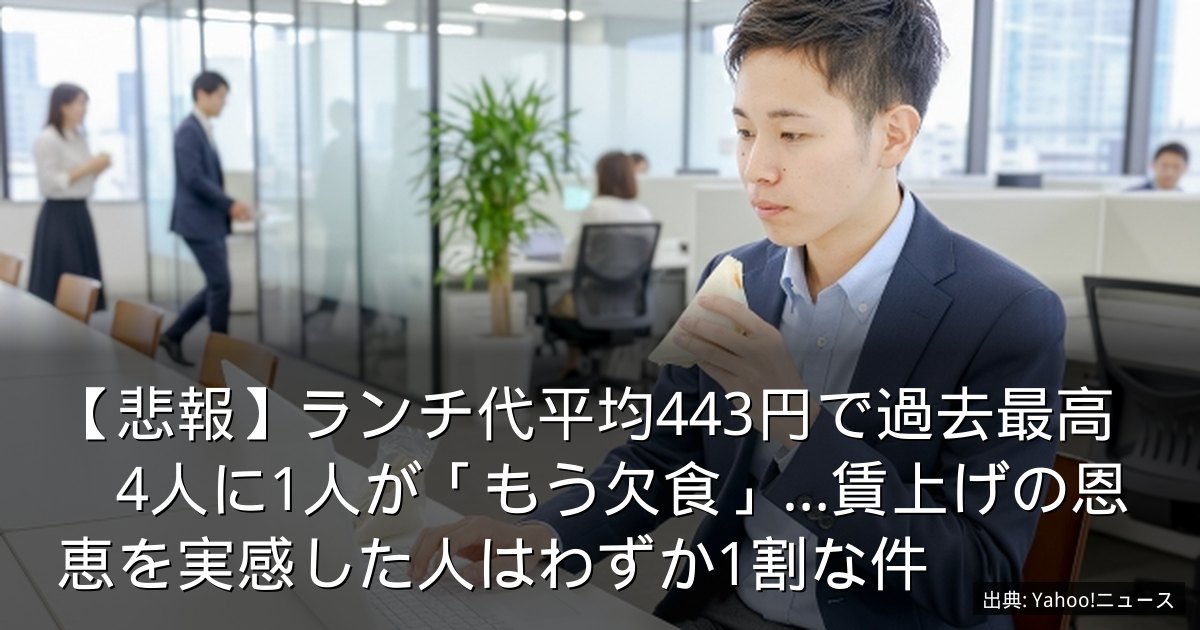 【悲報】ランチ代平均443円で過去最高　4人に1人が「もう欠食」…賃上げの恩恵を実感した人はわずか1割な件