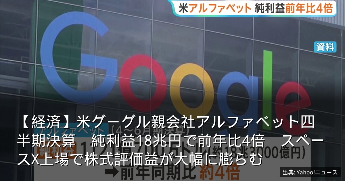 【経済】米グーグル親会社アルファベット四半期決算　純利益18兆円で前年比4倍　スペースX上場で株式評価益が大幅に膨らむ