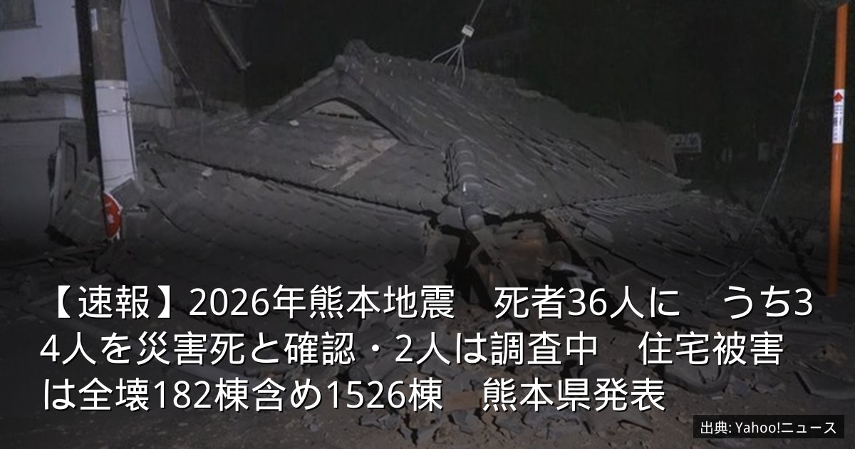 【速報】2026年熊本地震　死者36人に　うち34人を災害死と確認・2人は調査中　住宅被害は全壊182棟含め1526棟　熊本県発表