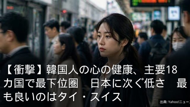 【衝撃】韓国人の心の健康、主要18カ国で最下位圏　日本に次ぐ低さ　最も良いのはタイ・スイス