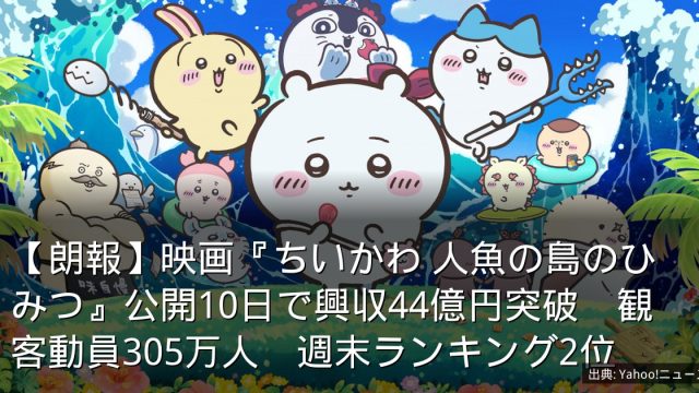 【朗報】映画『ちいかわ 人魚の島のひみつ』公開10日で興収44億円突破　観客動員305万人　週末ランキング2位