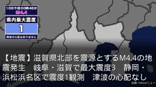 【地震】滋賀県北部を震源とするM4.4の地震発生　岐阜・滋賀で最大震度3　静岡・浜松浜名区で震度1観測　津波の心配なし