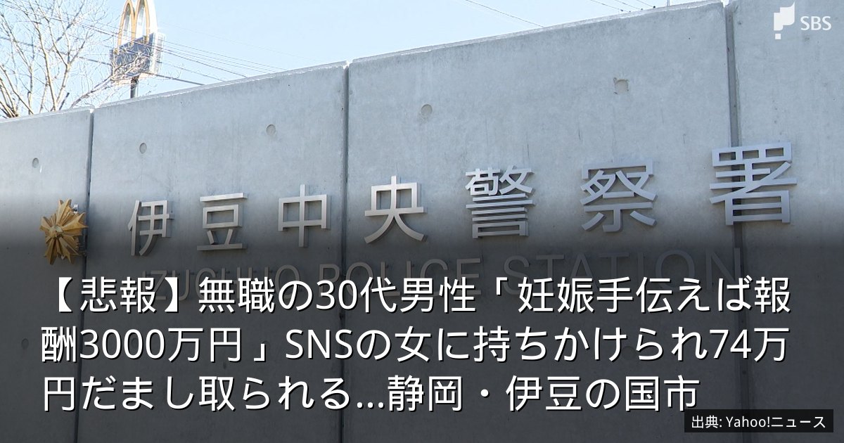 【悲報】無職の30代男性「妊娠手伝えば報酬3000万円」SNSの女に持ちかけられ74万円だまし取られる…静岡・伊豆の国市
