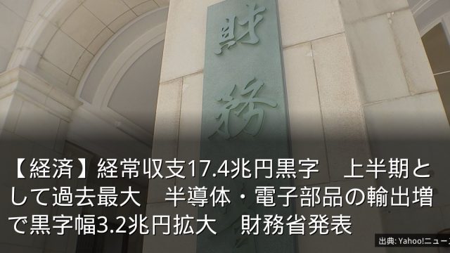 【経済】経常収支17.4兆円黒字　上半期として過去最大　半導体・電子部品の輸出増で黒字幅3.2兆円拡大　財務省発表