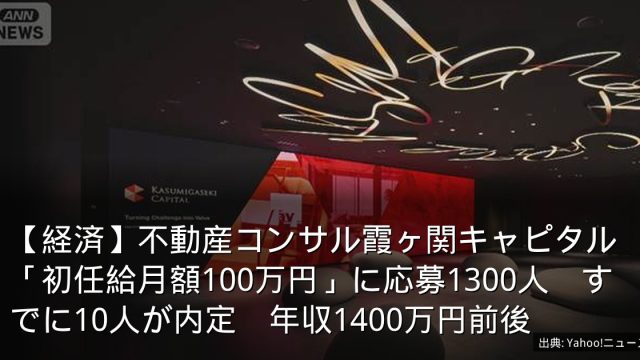 【経済】不動産コンサル霞ヶ関キャピタル「初任給月額100万円」に応募1300人　すでに10人が内定　年収1400万円前後