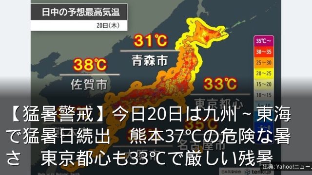 【猛暑警戒】今日20日は九州～東海で猛暑日続出　熊本37℃の危険な暑さ　東京都心も33℃で厳しい残暑
