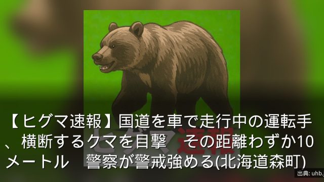 【ヒグマ速報】国道を車で走行中の運転手、横断するクマを目撃　その距離わずか10メートル　警察が警戒強める(北海道森町)