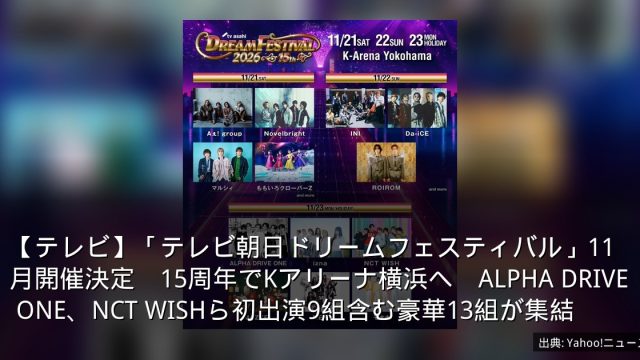 【テレビ】「テレビ朝日ドリームフェスティバル」11月開催決定　15周年でKアリーナ横浜へ　ALPHA DRIVE ONE、NCT WISHら初出演9組含む豪華13組が集結