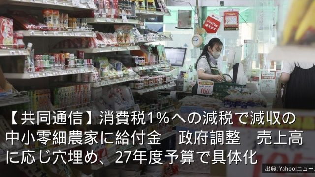 【共同通信】消費税1％への減税で減収の中小零細農家に給付金　政府調整　売上高に応じ穴埋め、27年度予算で具体化