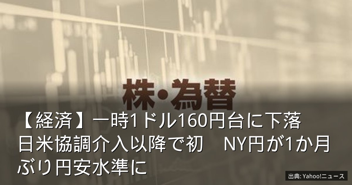 【経済】一時1ドル160円台に下落　日米協調介入以降で初　NY円が1か月ぶり円安水準に