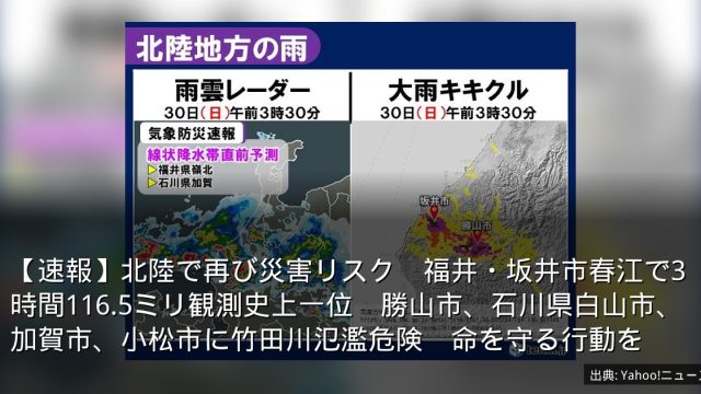 【速報】北陸で再び災害リスク　福井・坂井市春江で3時間116.5ミリ観測史上一位　勝山市、石川県白山市、加賀市、小松市に竹田川氾濫危険　命を守る行動を