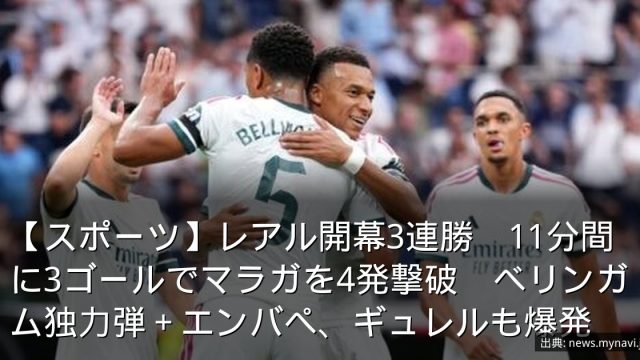【スポーツ】レアル開幕3連勝　11分間に3ゴールでマラガを4発撃破　べリンガム独力弾＋エンバぺ、ギュレルも爆発
