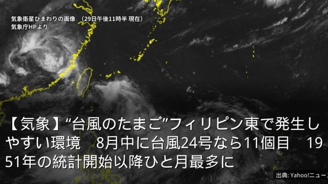 【気象】“台風のたまご”フィリピン東で発生しやすい環境　8月中に台風24号なら11個目　1951年の統計開始以降ひと月最多に