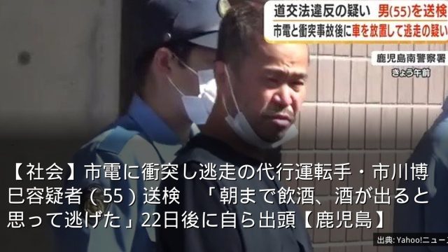 【社会】市電に衝突し逃走の代行運転手・市川博巳容疑者（55）送検　「朝まで飲酒、酒が出ると思って逃げた」22日後に自ら出頭【鹿児島】