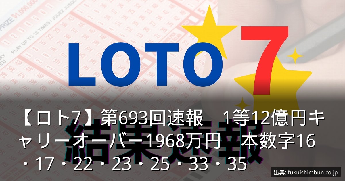 【ロト7】第693回速報　1等12億円キャリーオーバー1968万円　本数字16・17・22・23・25・33・35