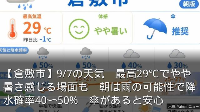 【倉敷市】9/7の天気　最高29℃でやや暑さ感じる場面も　朝は雨の可能性で降水確率40〜50%　傘があると安心