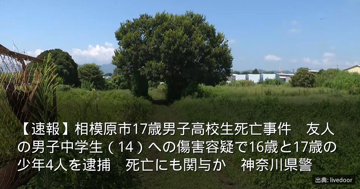 【速報】相模原市17歳男子高校生死亡事件　友人の男子中学生（14）への傷害容疑で16歳と17歳の少年4人を逮捕　死亡にも関与か　神奈川県警