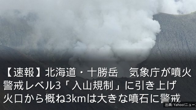 【速報】北海道・十勝岳　気象庁が噴火警戒レベル3「入山規制」に引き上げ　火口から概ね3kmは大きな噴石に警戒