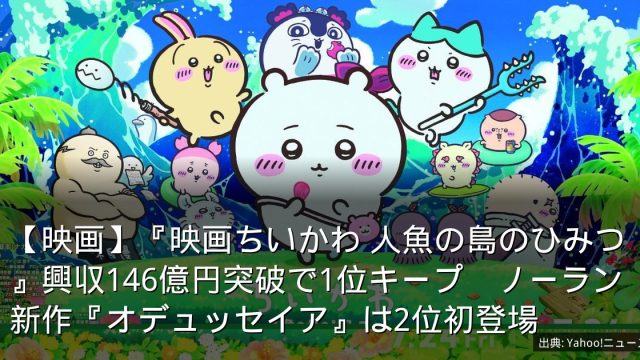 【映画】『映画ちいかわ 人魚の島のひみつ』興収146億円突破で1位キープ　ノーラン新作『オデュッセイア』は2位初登場