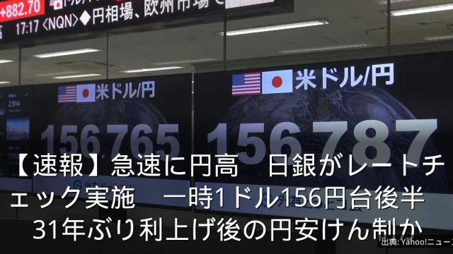 【速報】急速に円高　日銀がレートチェック実施　一時1ドル156円台後半　31年ぶり利上げ後の円安けん制か