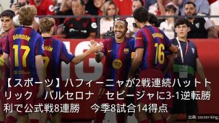 【スポーツ】ハフィーニャが2戦連続ハットトリック　バルセロナ　セビージャに3-1逆転勝利で公式戦8連勝　今季8試合14得点