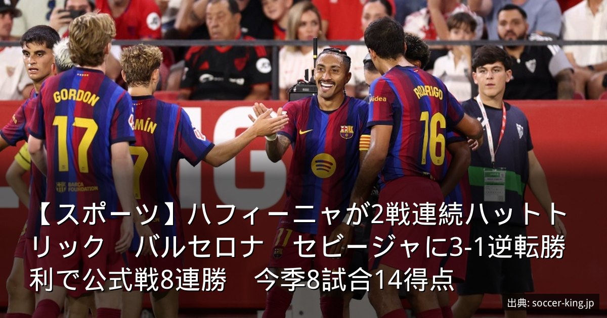 【スポーツ】ハフィーニャが2戦連続ハットトリック　バルセロナ　セビージャに3-1逆転勝利で公式戦8連勝　今季8試合14得点
