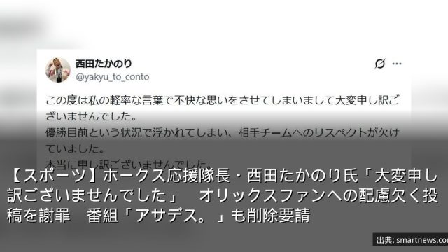 【スポーツ】ホークス応援隊長・西田たかのり氏「大変申し訳ございませんでした」　オリックスファンへの配慮欠く投稿を謝罪　番組「アサデス。」も削除要請