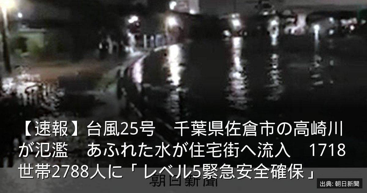 【速報】台風25号　千葉県佐倉市の高崎川が氾濫　あふれた水が住宅街へ流入　1718世帯2788人に「レベル5緊急安全確保」
