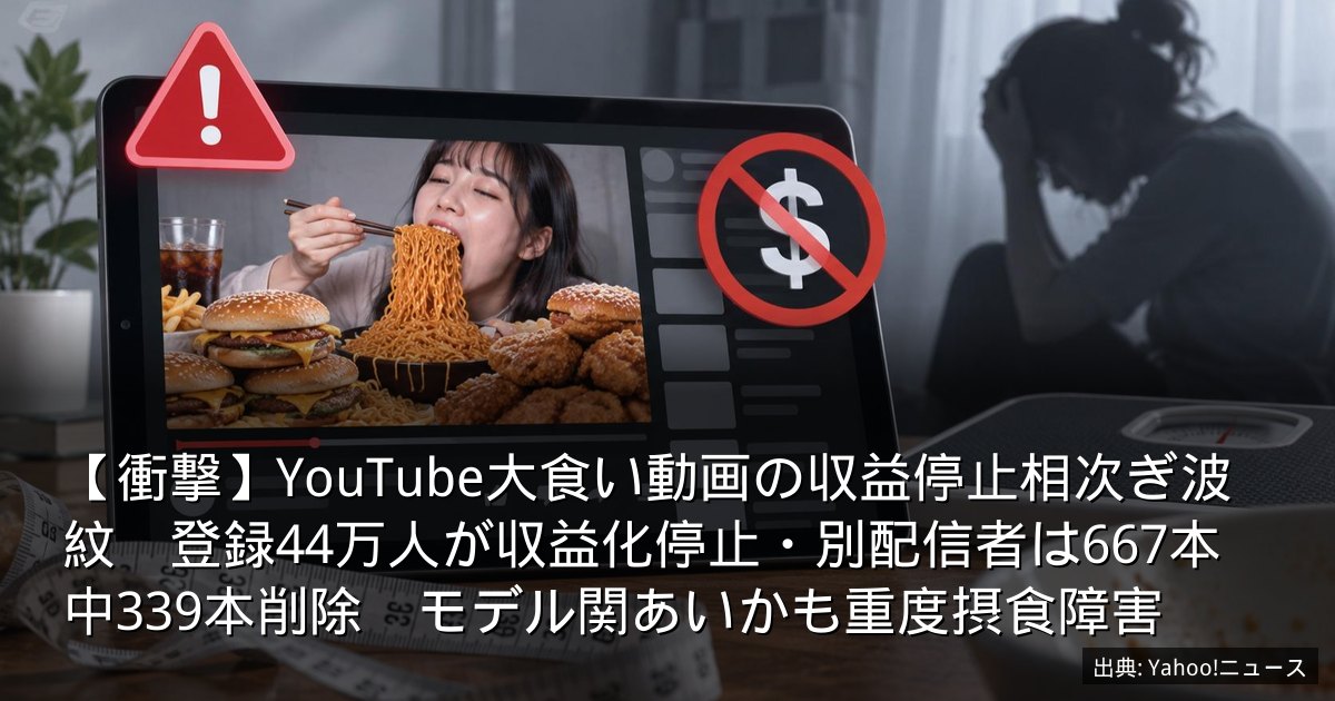 【衝撃】YouTube大食い動画の収益停止相次ぎ波紋　登録44万人が収益化停止・別配信者は667本中339本削除　モデル関あいかも重度摂食障害